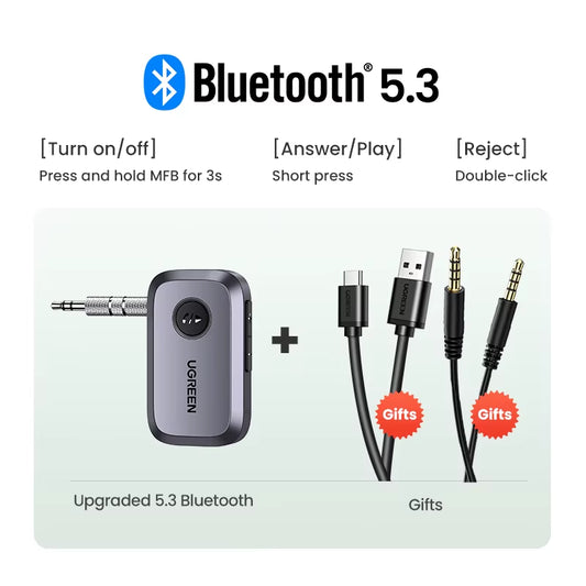 Bluetooth 5.3 Car Receiver Adapter with 3.5mm AUX Jacks for Audio Streaming and Hands-Free Calling