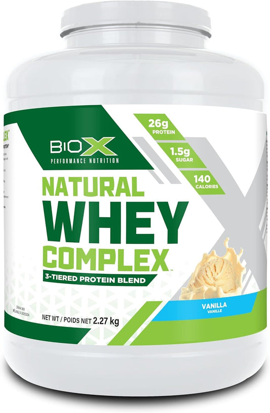 Biox Natural Whey Complex - 26g Protein from Whey Concentrate, Isolate & Hydrolyzed - Naturally Flavored, No Artificial Sweeteners, Low Sugar - 5LB (Vanilla)