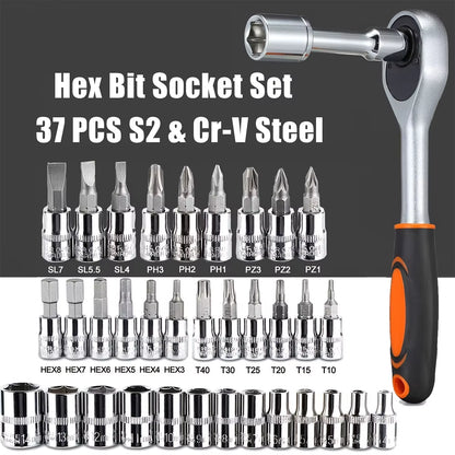 46-Piece Mechanic Tool Set with Metric and Inch Sockets, Hex Bits, and Ratchet Wrench for Automotive and Household Repairs