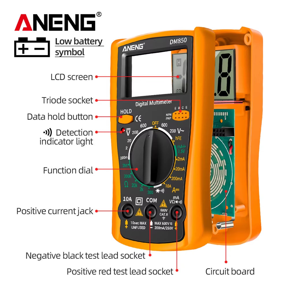 DM850 Professional Digital Multimeter with Automatic 1999 Counts for AC/DC Voltage, Ohm, and Current Measurement