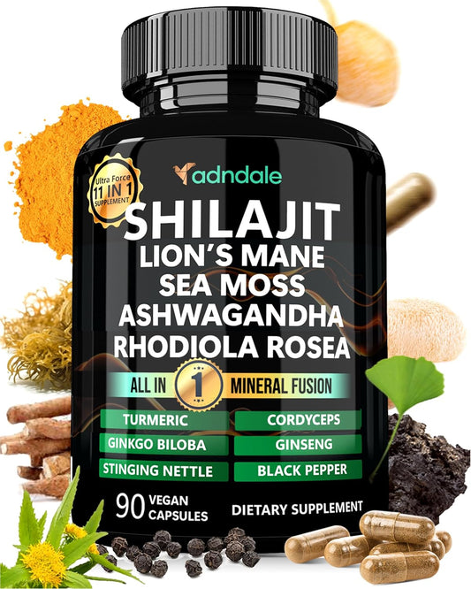 Shilajit for Men and Women. Pure Himalayan Organic Shilajit Capsules with Sea Moss Ashwagandha Rhodiola Rosea Lion’S Mane. 90 Count
