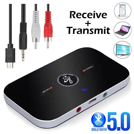 Bluetooth 5.0 Audio Transmitter and Receiver - Wireless Stereo Adapter with 3.5mm AUX, RCA, and USB Connectivity for Car, PC, TV, and Headphones