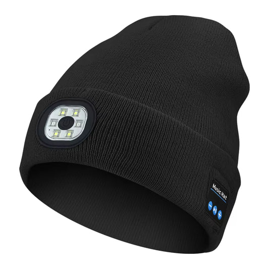 Wireless Bluetooth 5.0 Beanie Hat with Stereo Speakers, LED Light, and Integrated Microphone for Outdoor Sports