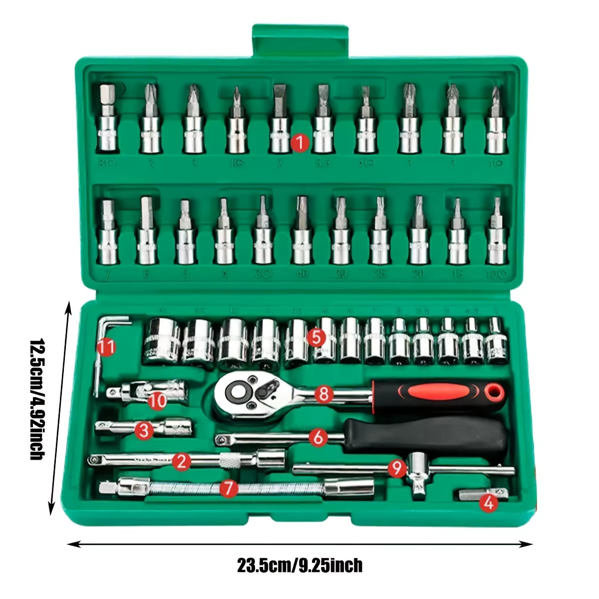 Professional 46-Piece Advanced Car Repair Tool Set in Green Toolbox - Essential Ratchet and Maintenance Kit