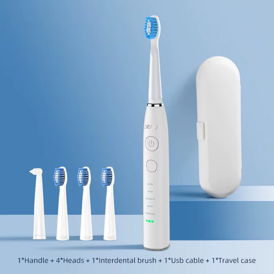 SG-575 Electric Sonic Toothbrush with USB Rechargeable Battery, 360 Days of Use, IPX7 Waterproof, Includes 4 Replacement Heads and Travel Case