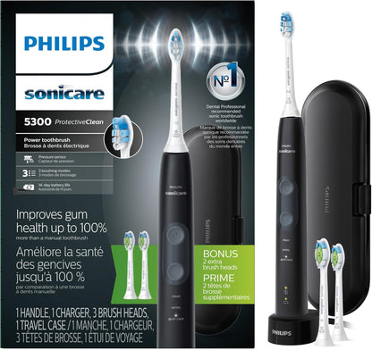 Protectiveclean 5300 Rechargeable Electric Toothbrush, with Pressure Sensor, 3 Cleaning Modes, Smartimer and Quadpacer, with 2 Bonus Brush Heads, Travel Case, Black, Model HX6423/34