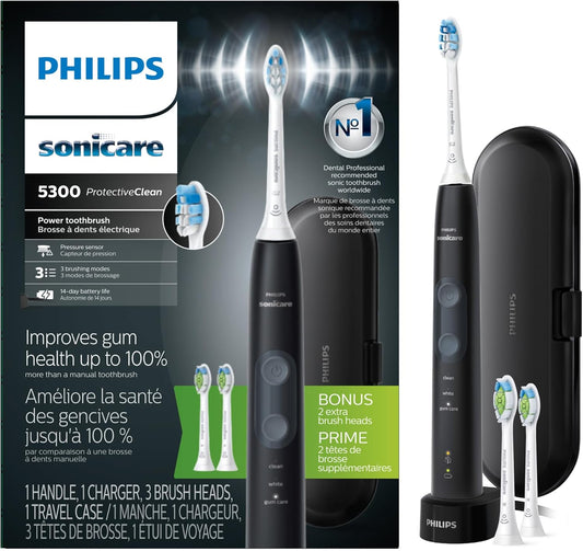 Protectiveclean 5300 Rechargeable Electric Toothbrush, with Pressure Sensor, 3 Cleaning Modes, Smartimer and Quadpacer, with 2 Bonus Brush Heads, Travel Case, Black, Model HX6423/34