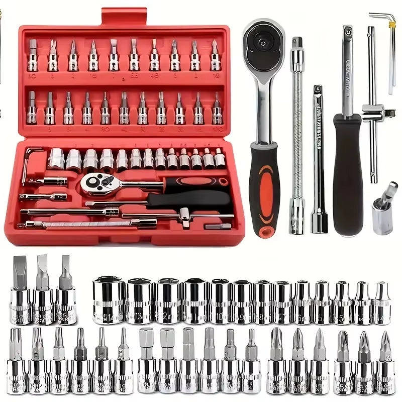 46-Piece Automotive Repair Combination Ratchet Wrench Tool Set for Vehicle Maintenance