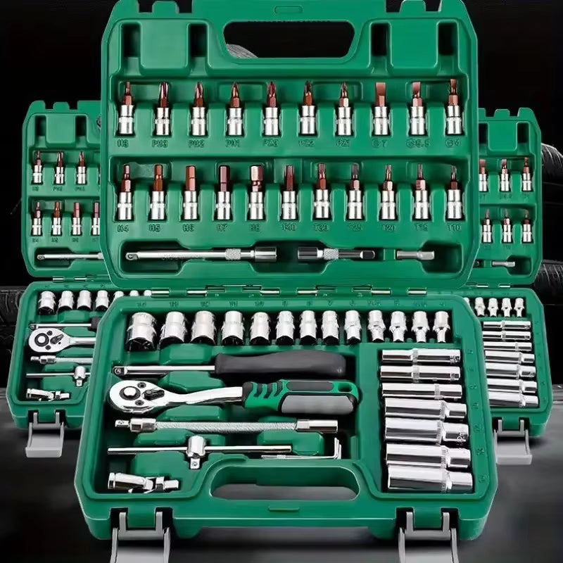 Professional 46-Piece Advanced Car Repair Tool Set in Green Toolbox - Essential Ratchet and Maintenance Kit