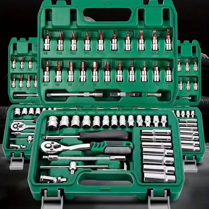 Professional 46-Piece Advanced Car Repair Tool Set in Green Toolbox - Essential Ratchet and Maintenance Kit