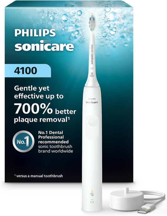4100 Series Electric Toothbrush - Sonic Toothbrush with Advanced Sonic Technology, Pressure Sensor, Two Intensity Settings, Smartimer & Quadpacer, White, Model HX3681/23
