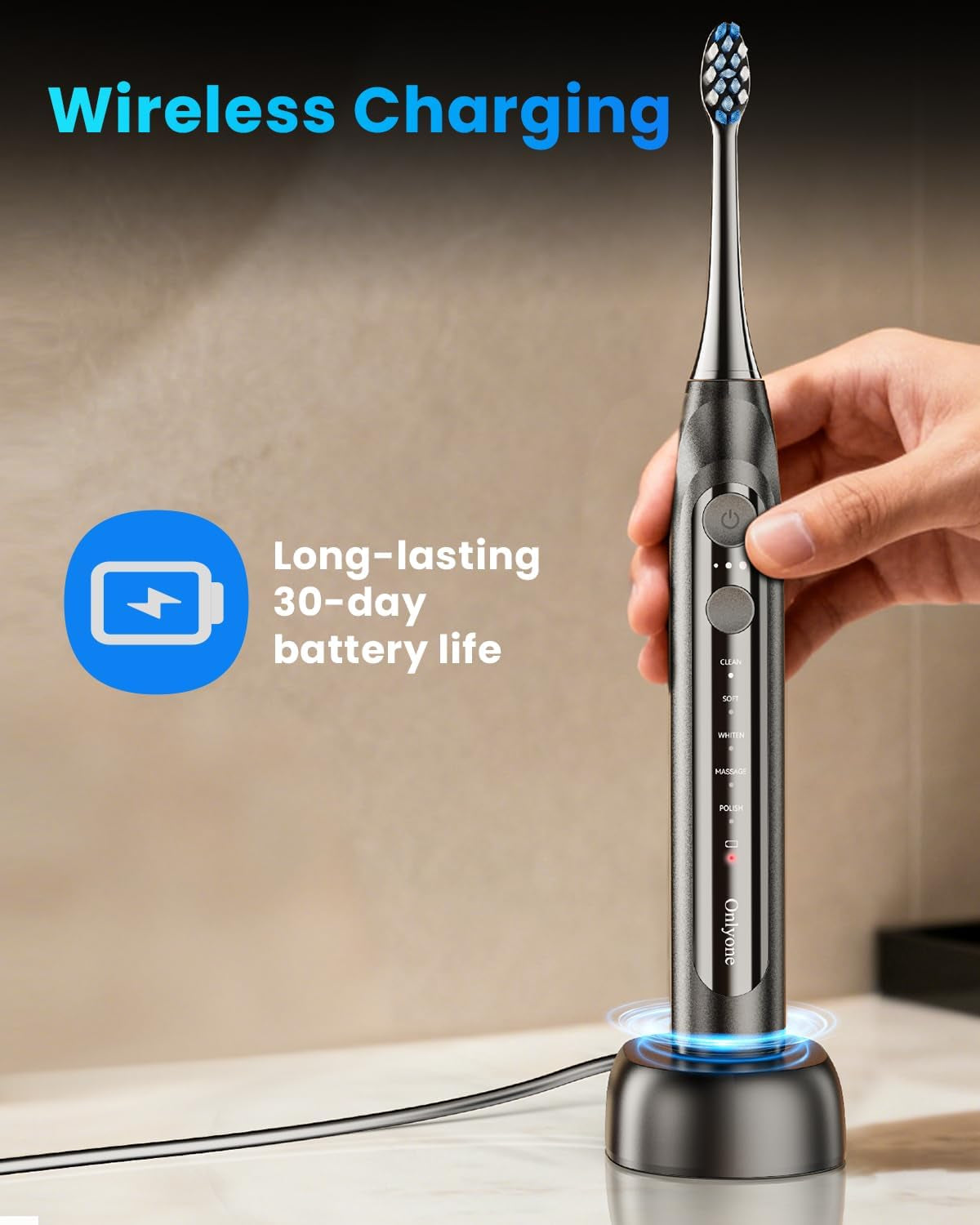 Sonic Electric Toothbrush for Adults, Rechargeable Ultrasonic Electric Toothbrush with 8 Brush Heads, Travel Case, Charging Base & Wireless Charging - 5 Modes with Smart Timer