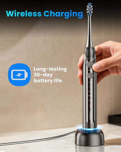 Sonic Electric Toothbrush for Adults, Rechargeable Ultrasonic Electric Toothbrush with 8 Brush Heads, Travel Case, Charging Base & Wireless Charging - 5 Modes with Smart Timer
