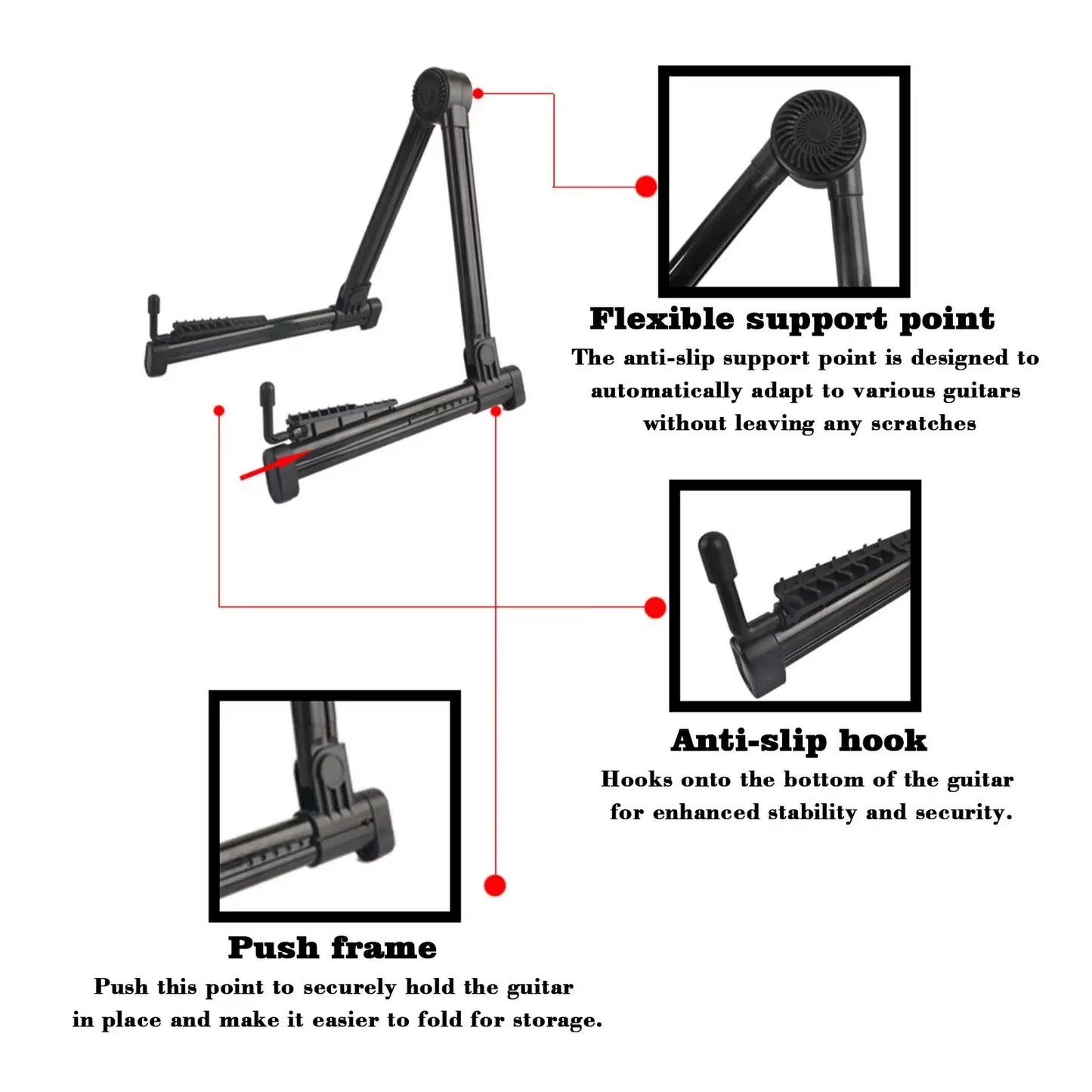 Portable Folding A-Frame Guitar Stand for Acoustic, Classical, Electric, Bass Guitars, Banjo, and Ukulele - Universal ABS Design
