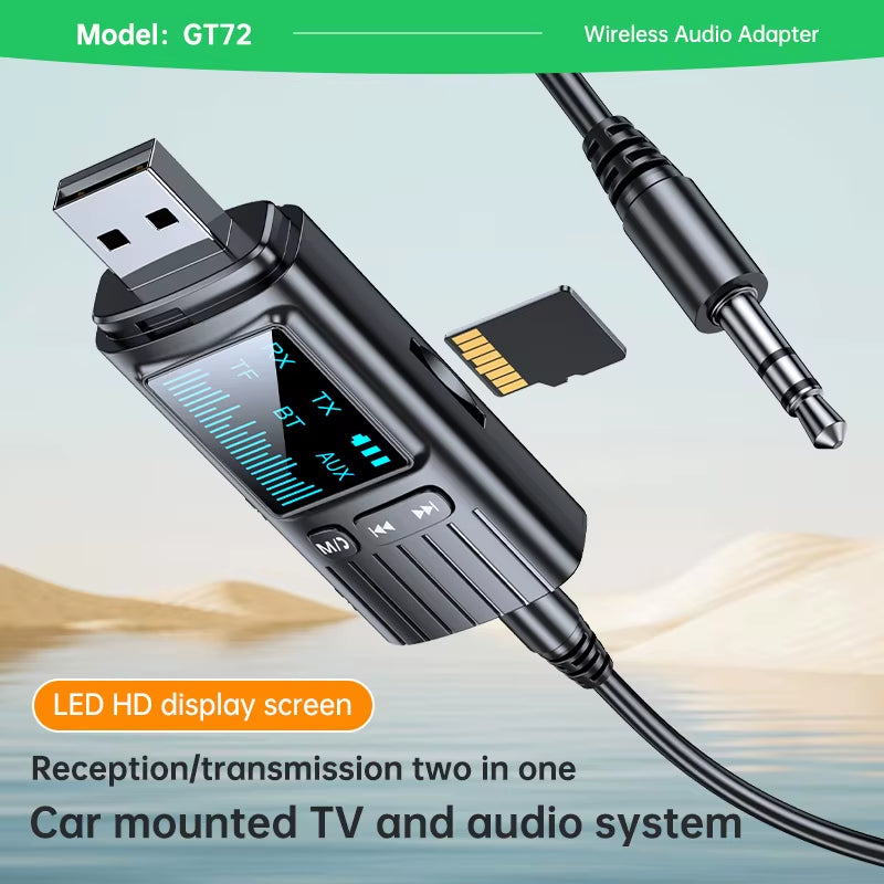 Bluetooth 5.4 Audio Receiver and Transmitter with AUX and USB Connectivity, LED Display, and TF Card Playback for Car, TV, Speakers, and PC
