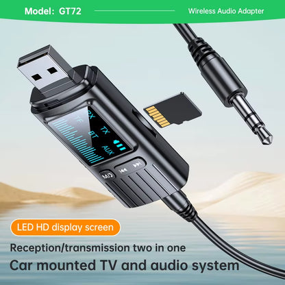 Bluetooth 5.4 Audio Receiver and Transmitter with AUX and USB Connectivity, LED Display, and TF Card Playback for Car, TV, Speakers, and PC