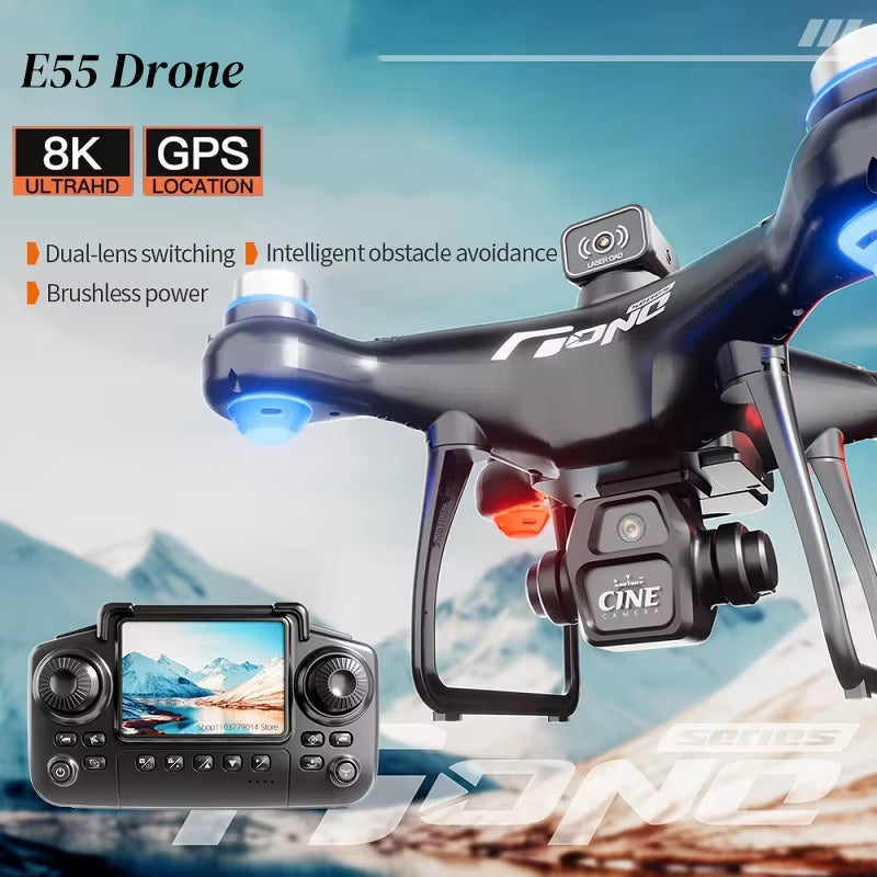 E55 Brushless Drone with 8K HD Dual Camera, Aerial Photography, Screen Control, Optical Flow Positioning, and Obstacle Avoidance