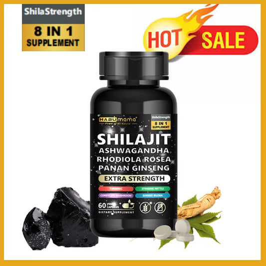 Shilajit 8-in-1 Supplement with Panax Ginseng, Ashwagandha, Rhodiola Rosea, Turmeric, Ginkgo Biloba, Stinging Nettle, and Cordyceps Mushroom (60 Capsules)