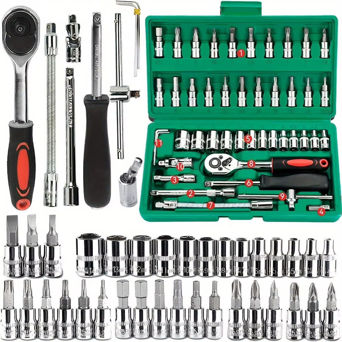 Professional 46-Piece Advanced Car Repair Tool Set in Green Toolbox - Essential Ratchet and Maintenance Kit