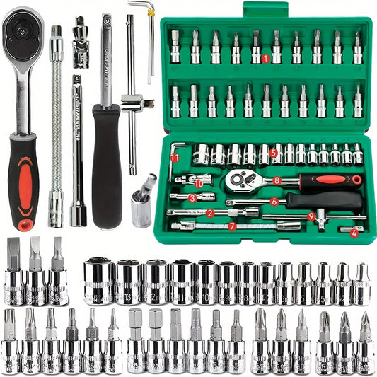 Professional 46-Piece Advanced Car Repair Tool Set in Green Toolbox - Essential Ratchet and Maintenance Kit