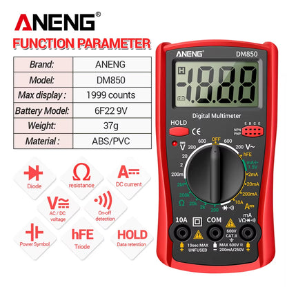 DM850 Professional Digital Multimeter with Automatic 1999 Counts for AC/DC Voltage, Ohm, and Current Measurement