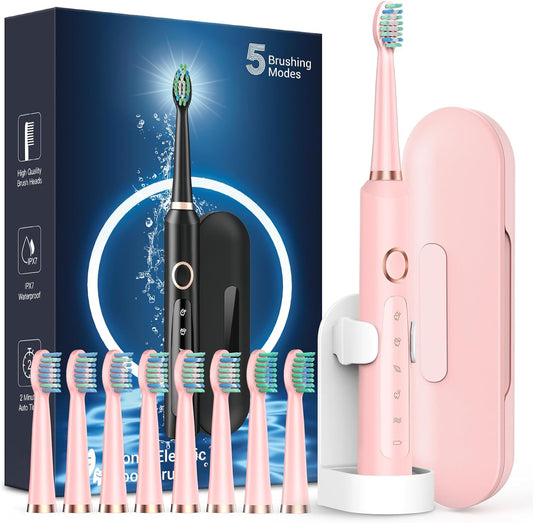 M5 Sonic Electric Toothbrush for Adults and Kids - Rechargeable Electric Toothbrush Kids Ages 12+ and Adults with 8 Brush Heads & Travel Case, 120 Days Battery Life - Pink