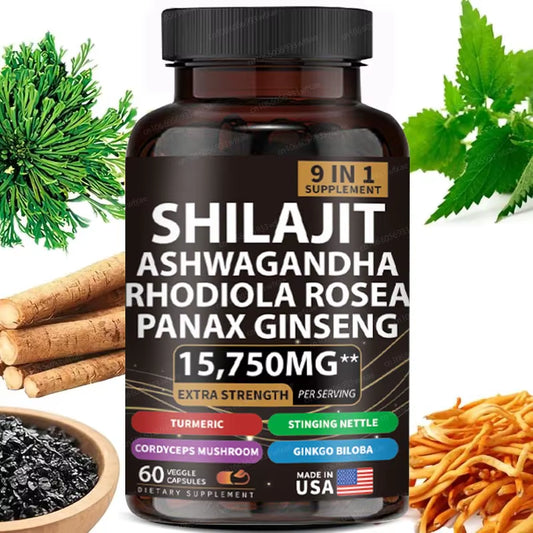 9-in-1 Shilajit Supplement with Pure Himalayan Ashwagandha, Cordyceps, and Ginseng Capsules