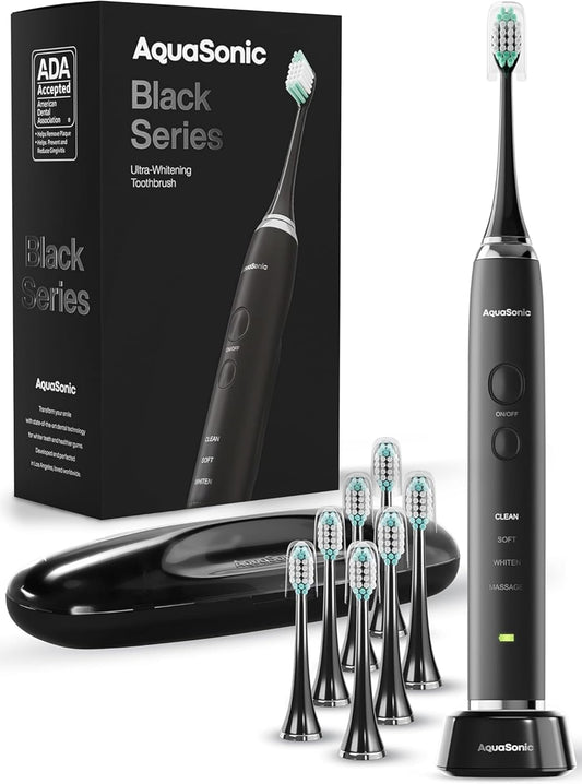 Black Series Ultra Whitening Toothbrush – ADA Accepted Electric Toothbrush- 8 Brush Heads & Travel Case – 40,000 VPM Electric Motor & Wireless Charging - 4 Modes W Smart Timer