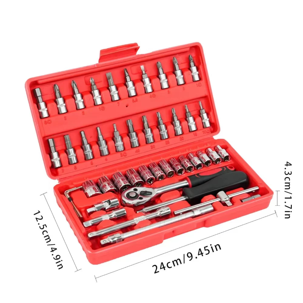 46-Piece Automotive Repair Combination Ratchet Wrench Tool Set for Vehicle Maintenance
