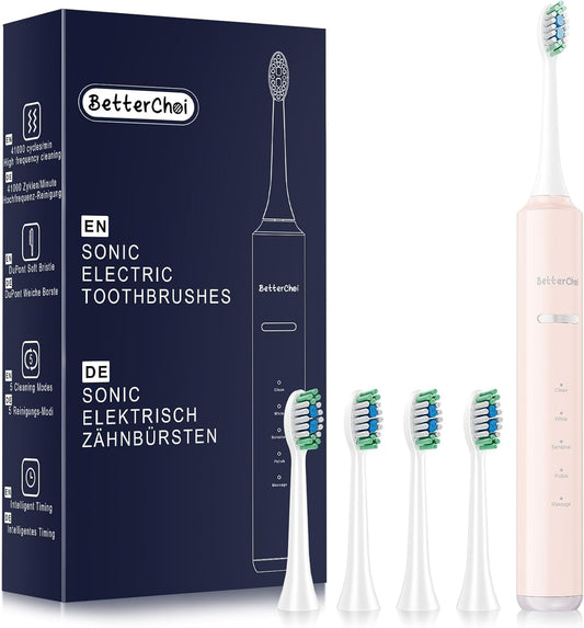 Sonic Electric Toothbrush for Adults, USB Rechargeable Toothbrush - 41,000 VPM Maglev Motor - 4 Brush Heads - IPX7 Waterproof, 180-Day Battery Life, 5 Cleaning Modes & Smart Timer, Pink