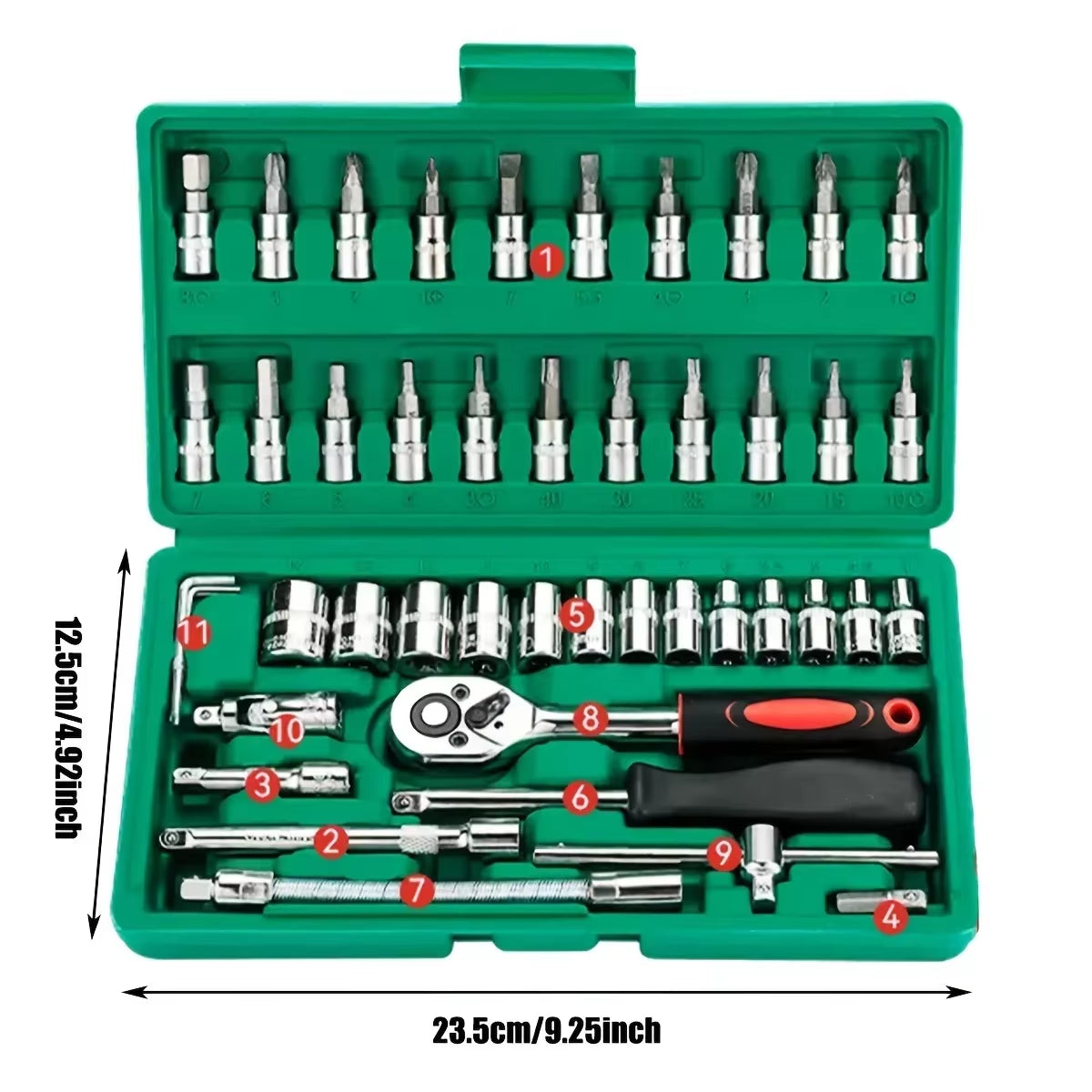 46-Piece Mechanic Tool Set with Metric and Inch Sockets, Hex Bits, and Ratchet Wrench for Automotive and Household Repairs