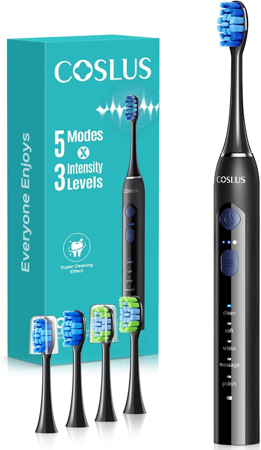 Sonic Electric Toothbrush for Adults: 3 Intensities & 5 Modes Customized for Effective yet Gentle Cleaning - 2 Types of Heads for Gentle or Daily Care, Travel & Family Home Use, Black, 1PC