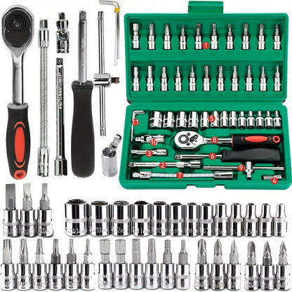 46-Piece Mechanic Tool Set with Metric and Inch Sockets, Hex Bits, and Ratchet Wrench for Automotive and Household Repairs