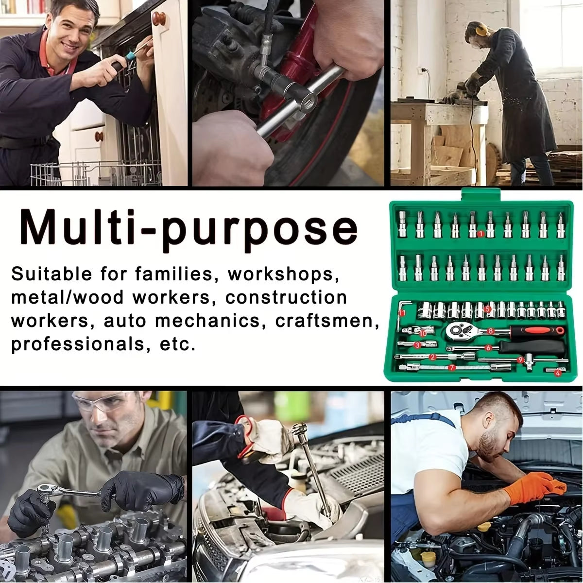 46-Piece Mechanic Tool Set with Metric and Inch Sockets, Hex Bits, and Ratchet Wrench for Automotive and Household Repairs