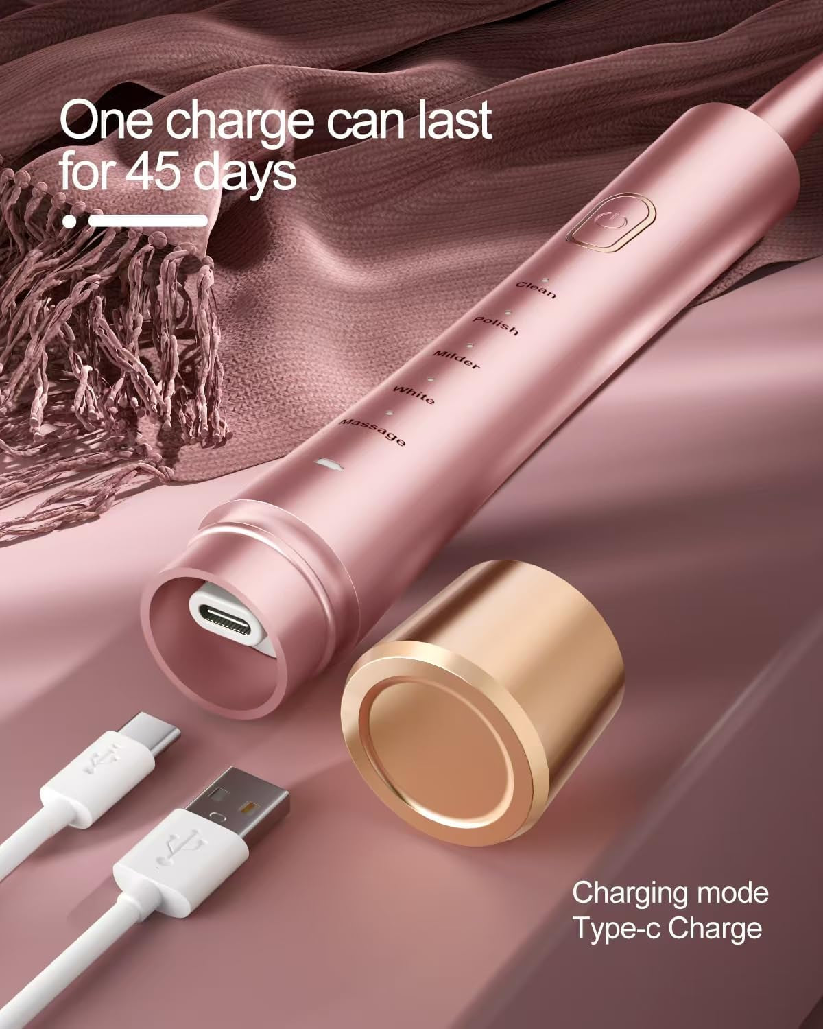 Sonic Electric Toothbrush for Adults, USB Rechargeable Sonic Toothbrush with 8 Brush Heads, Smart Timer, 5 Modes, 2-Hour Fast Charge Last 30 Days, Pink